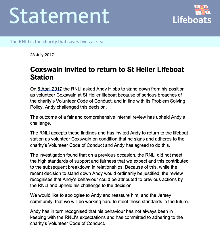 RNLI Statement Andy Hibbs reinstated