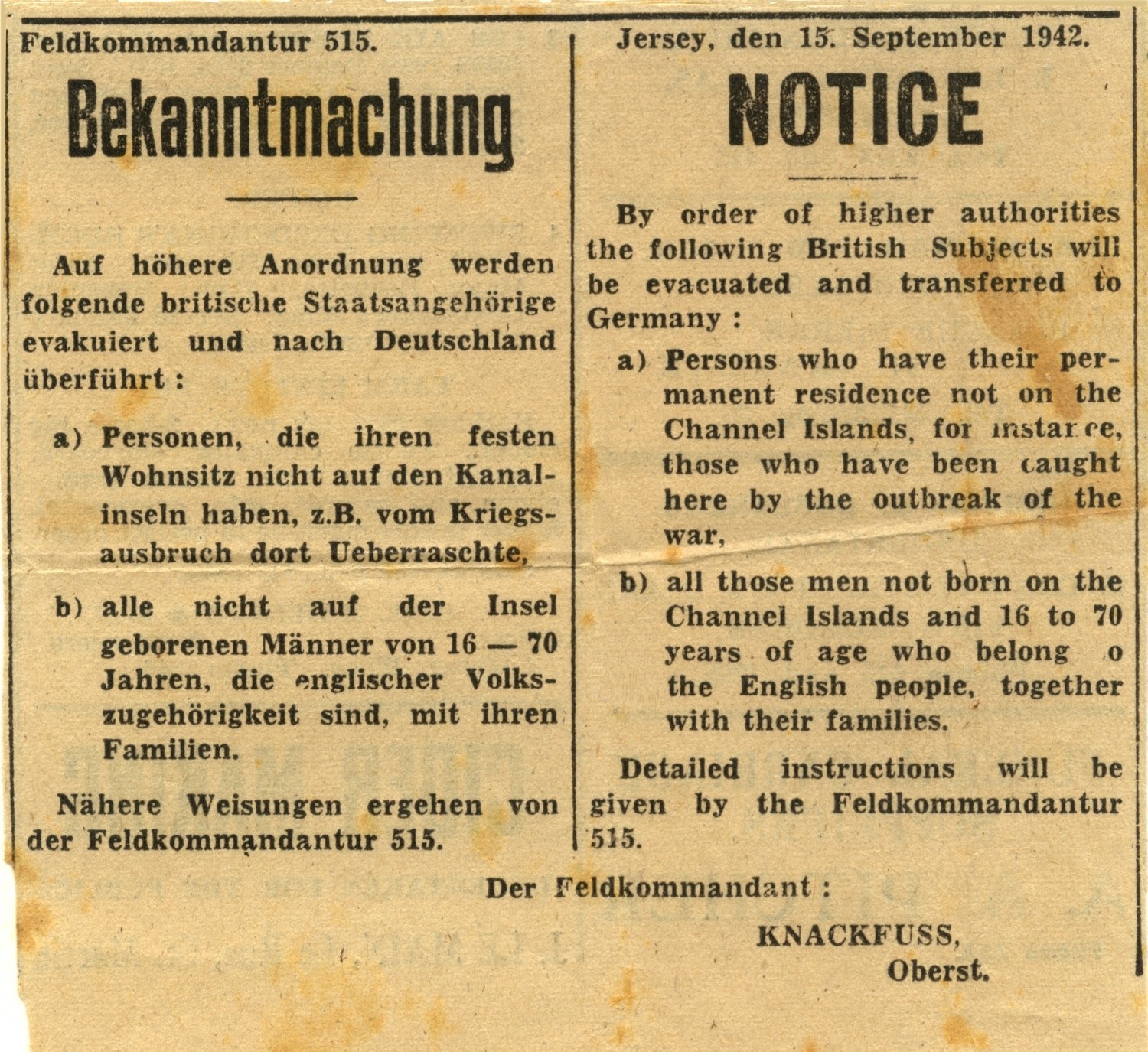 The deportation order of 15 September 1942.