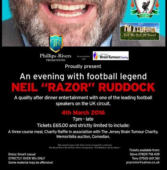 Jersey Brain Tumour Charity to benefit from an evening with football legend Neil Ruddock