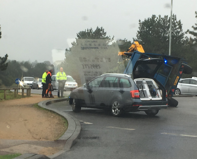 Trailer overturns at Jersey Airport roundabout