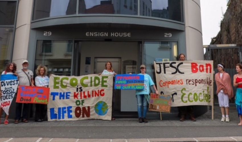 Climate change activists protest outside Jersey banks
