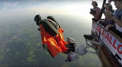 Watch a stunt man test out his jet-powered wing suit for the first time