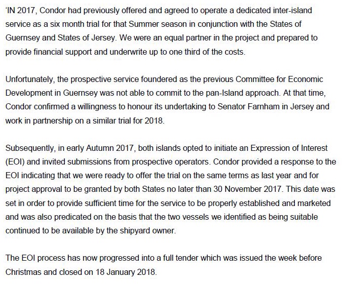 Condor statement on interisland