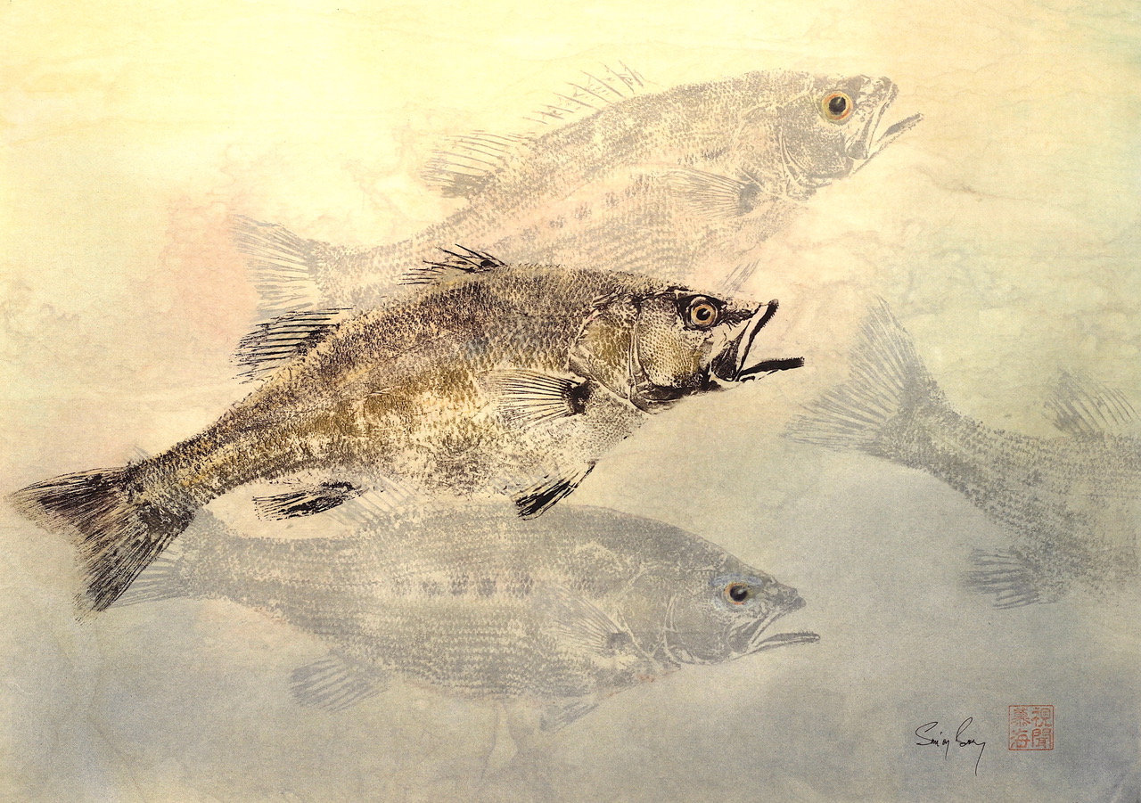 Simon_Bossy_Gyotaku_bass_shoal2_