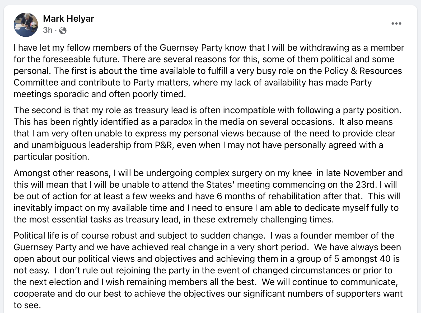 Mark Helyar Guernsey party resignation