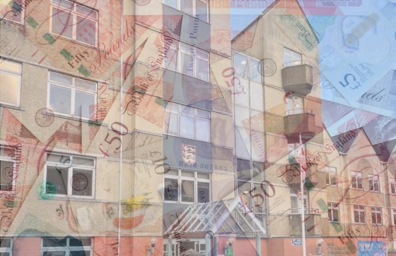 A government building with images of money superimposed.