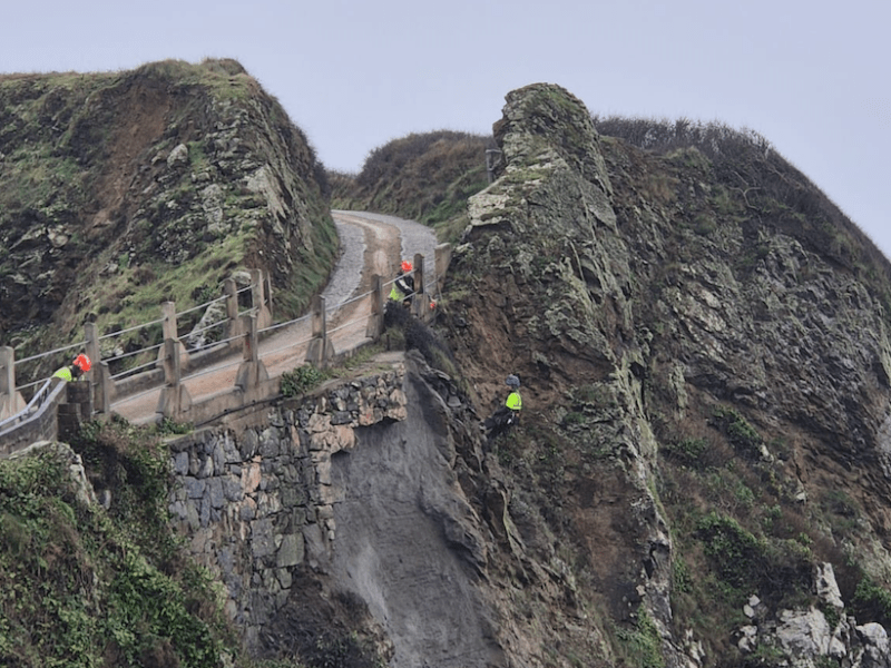 Rope access specialists travelled to Sark in January 2025 to fix damage to La Coupée.