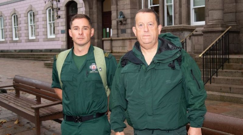 Convicted paramedics John Sutherland and Tom Le Sauteur outside the Royal Court
