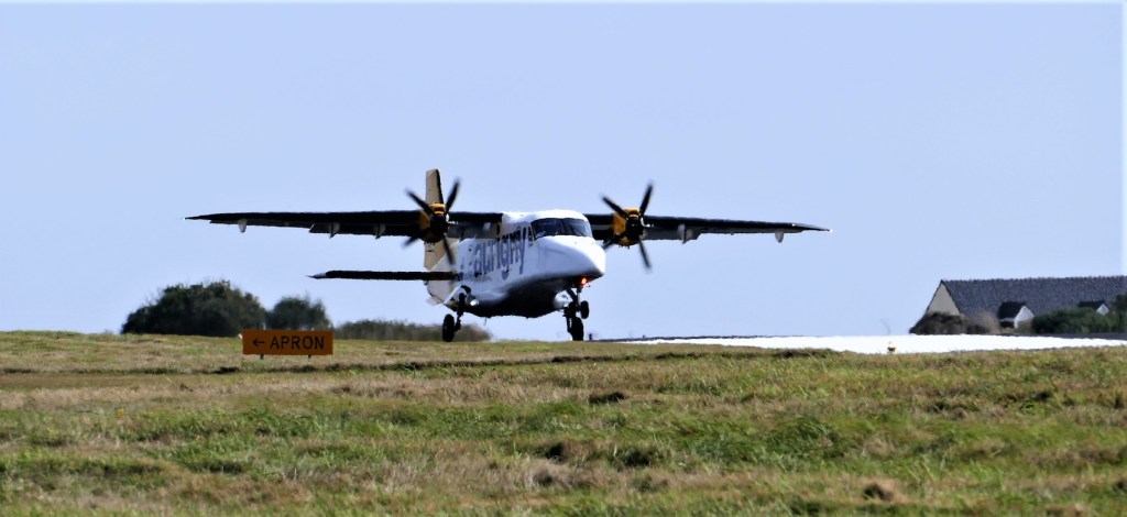 A twin-propellor plane taking off from a small runway.