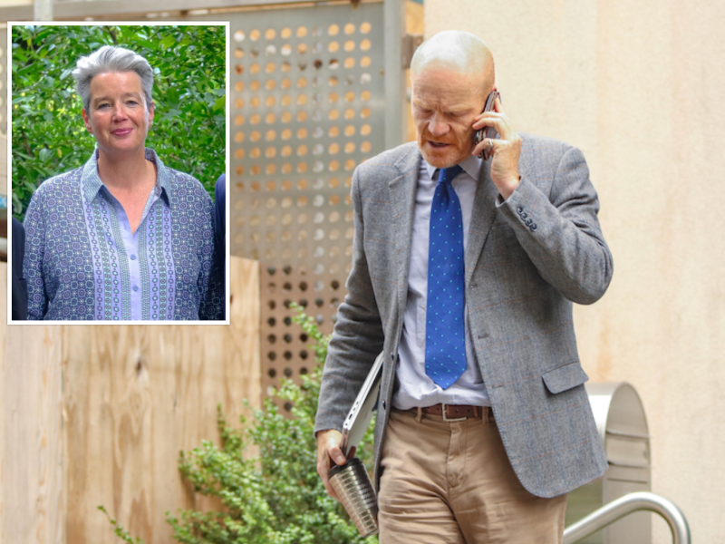 Gavin St Pier - a bald man in a suit walking while he talks on the phone. His wife - a grey-haired woman - is inset.