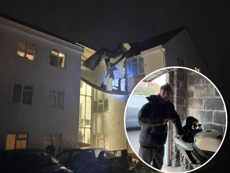 An inset of a young man next to a motorbike. Behind is a photo of a block of flats at night with its roof blown off.