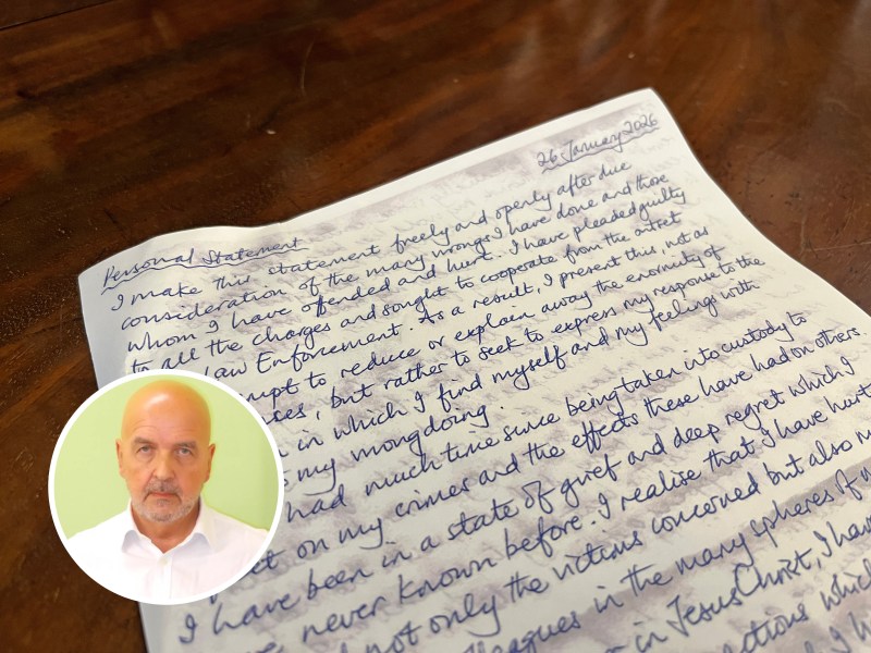 A handwritten letter on A4 paper with a might of a bald man in police custody superimposed.