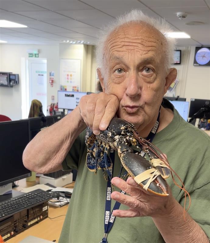 A man in a green t-shirt with grey hair holds a lobster up.