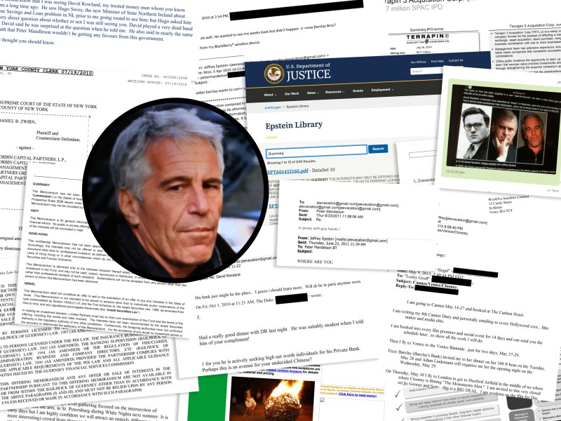 Jeffery Epstein's face over a montage of documents from the Epstein Files. Many of the files contain Channel Islands References such as to Guernsey, the GFSC, Guy Hands, David Rowland and Prince Andrew.