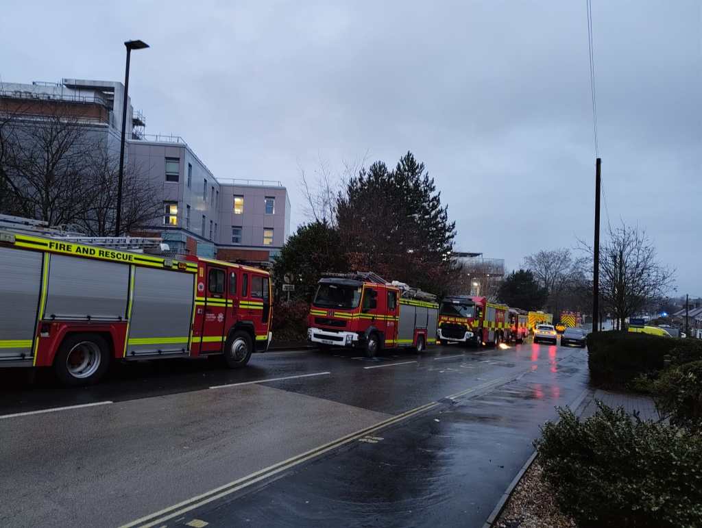 Southampton Hospital fire - with fire engines outside it.
