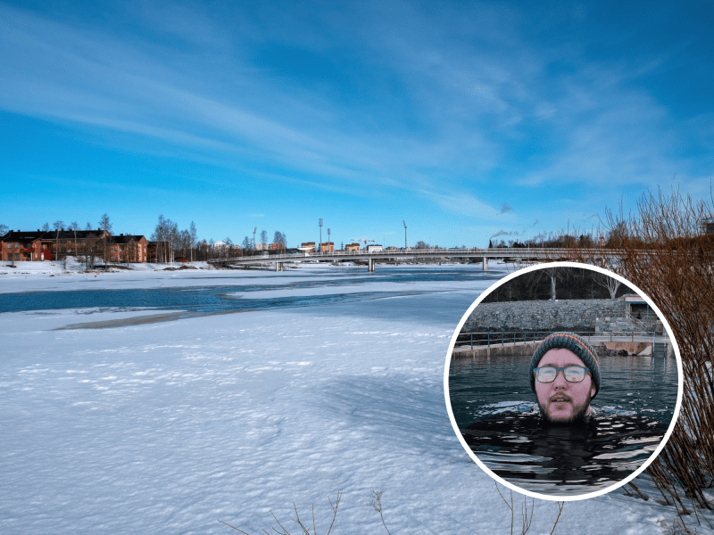 An inset of a man sea swimming in Guernsey's bathing pools with a beanie hat on. His photo is superimposed over an icy scene. Ice mostly covers a river by Pikisaari, in Oulu, Finland.