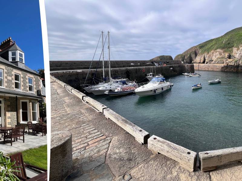 A split image showing, on the left, a traditional stone hotel with dormer windows, outdoor seating and a large pink flower in the foreground; and on the right, a small harbour surrounded by rocky cliffs, with yachts and boats moored in calm green water beneath a cloudy sky.