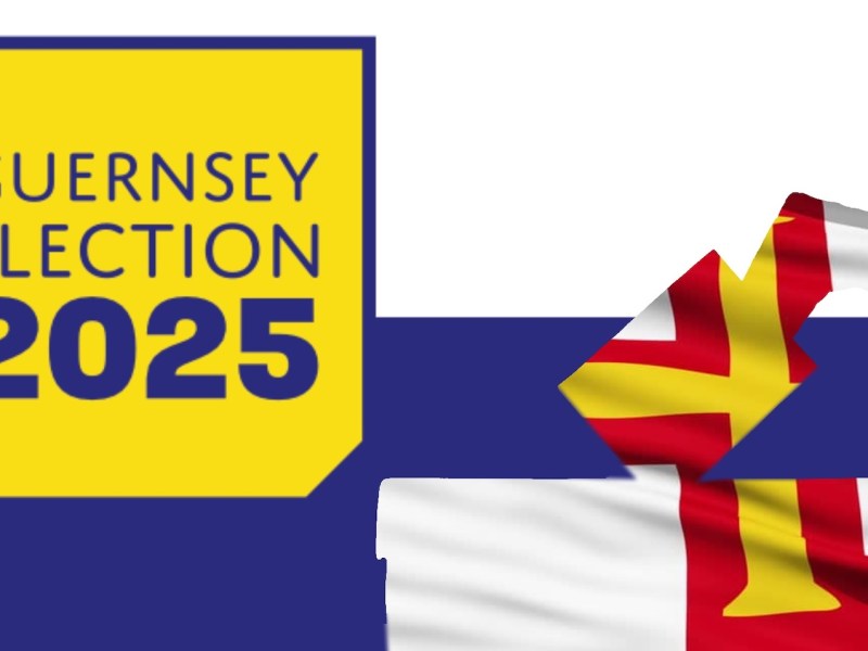 A Guernsey flag with the a Guernsey Election 2025 logo in front of it.