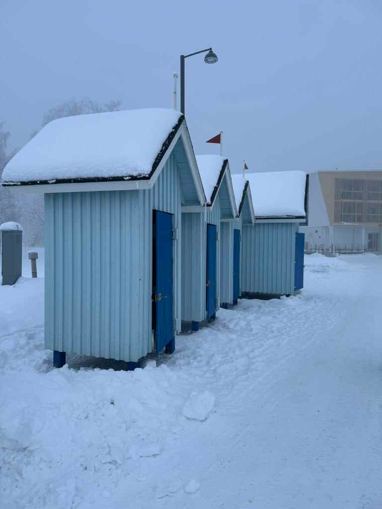 Light‑blue wooden huts with snow‑covered roofs stand in a row beside a snowy path on a foggy winter day.