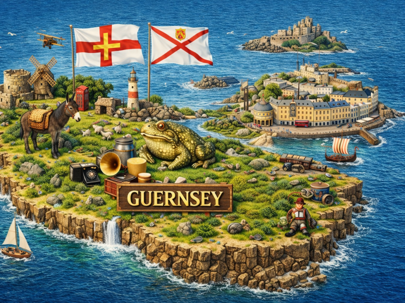 A detailed isometric digital illustration of a single island combining Guernsey and Jersey, floating in a vibrant blue ocean with rocky cliffs and a small waterfall. The island features cultural and whimsical elements, including a donkey, a large toad, a windmill, a castle, St. Helier’s townscape, and scattered vintage objects like a gramophone and telephone. Two flags—Guernsey and Jersey—fly above the island, while a biplane flies overhead and a sailboat floats nearby. The scene is richly coloured and highly detailed.