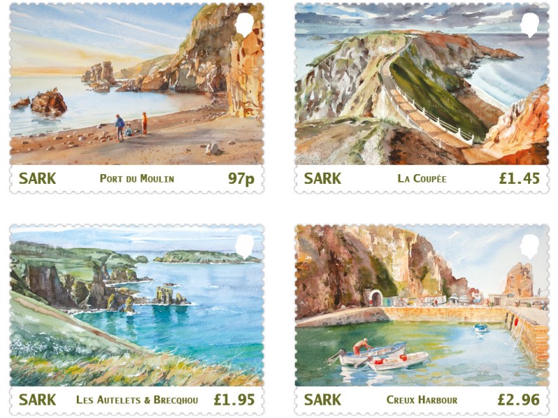 'A set of eight Sark stamps, each showing a different watercolor scene: a bay, a beach, a cliff path, a carved stone, cows in a field, rugged cliffs, a harbour with boats, and a hilltop lighthouse.'