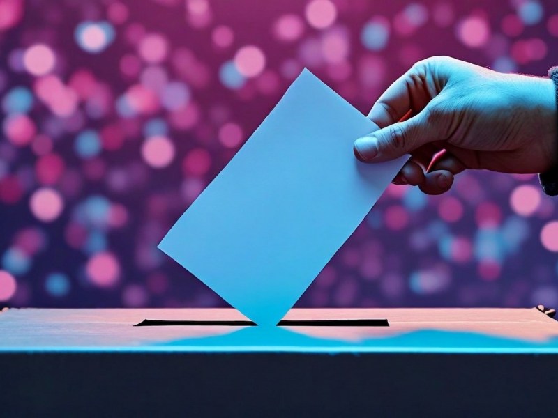ballot box hand putting paper in dark blues and purples in background