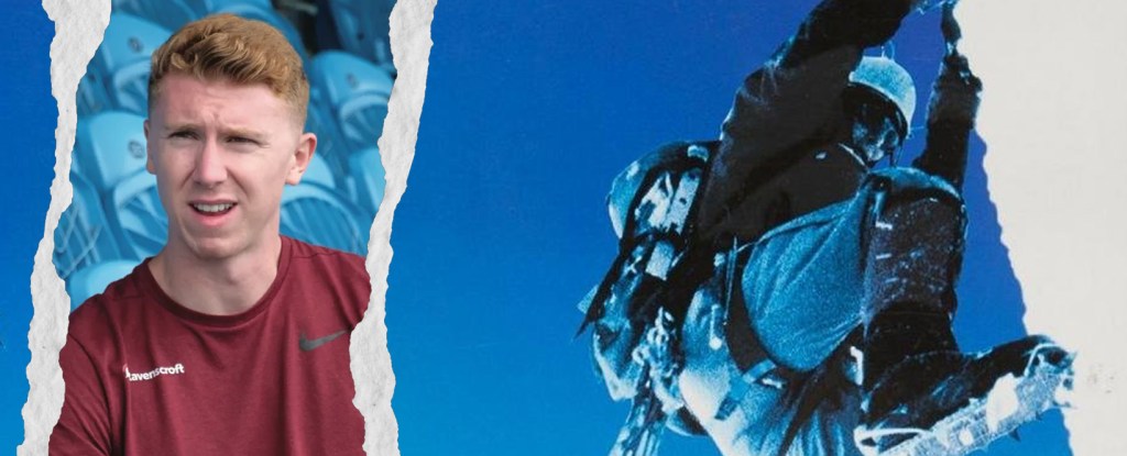 A split image combines a book‑style graphic with a real‑world scene. On the left side, an edited photograph shows a ginger-haired man sat in front of rows of light‑blue stadium seats, wearing a maroon athletic T‑shirt with small white text on the chest. On the right side, a high‑contrast blue‑toned climbing image shows a climber suspended on a rope, wearing protective gear and ascending a steep icy or snowy surface. The two halves are joined with a torn‑paper effect.