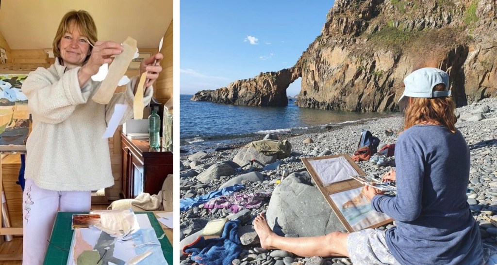 Left: An indoor art studio with a person working on paper cut‑outs at a table covered in materials.
Right: A coastal scene where the same person sits on a rocky beach creating artwork, with a rock arch rising from the sea in the background.