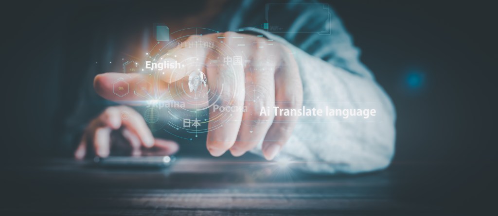 Hand interacting with a smartphone and hovering digital interface icons for AI language translation.