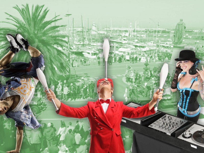 A green‑toned composite image shows a harbourfront crowd in the background, overlaid with three performers: a juggler in a red suit holding white clubs, an acrobat mid‑flip on the left, and a DJ standing beside turntables on the right.