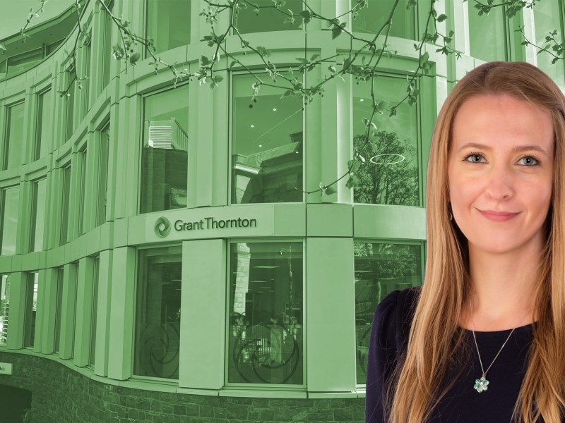 A blonde business woman in a suit. She's superimposed in front of a modern office block with curved walls and glass reflecting the bright blue sky. A sign shows the Grant Thornton logo.