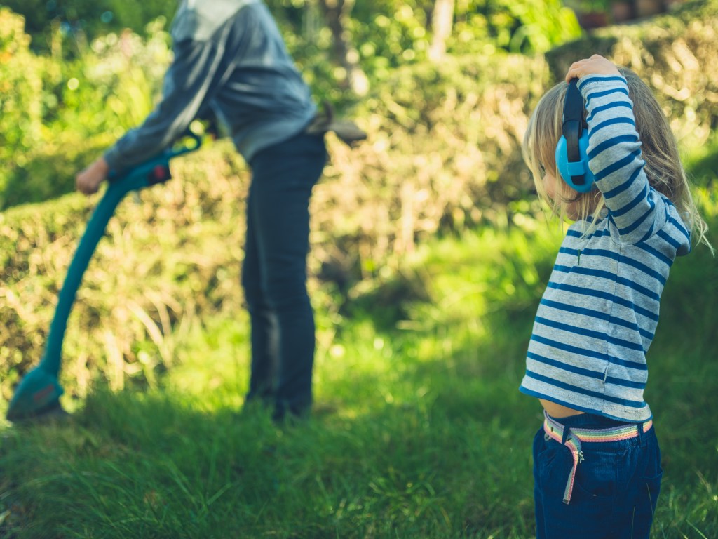 A blond toddler in ear defenders watches their dad strimming the garden lawn.
