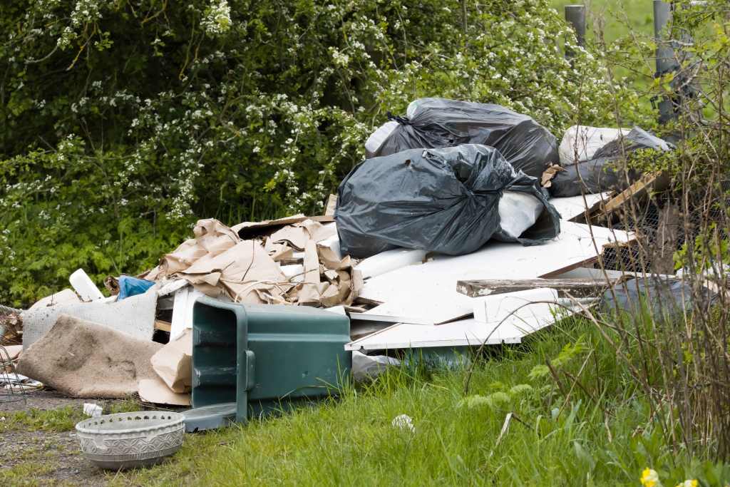 Fly-tipped rubbish including several ripped black bags, offcuts of wood and loose plaster and a plastic food bin dumped at the side of a country road, near a gap in the hedgerow.