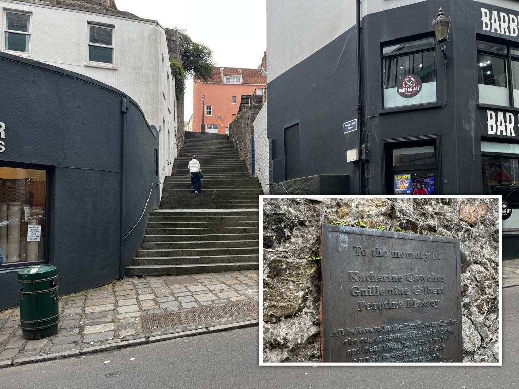 Stone steps at Tower Hill in St Peter Port rising between dark-painted buildings, with an inset image showing a memorial plaque naming Katharine Cawches, Guillemine Gilbert and Perotine Massey set into a stone wall.