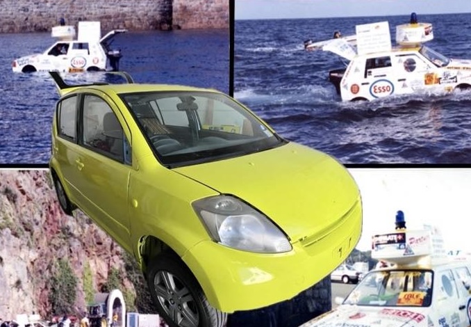 A lime green car. Behind are historic images of a car in the sea.