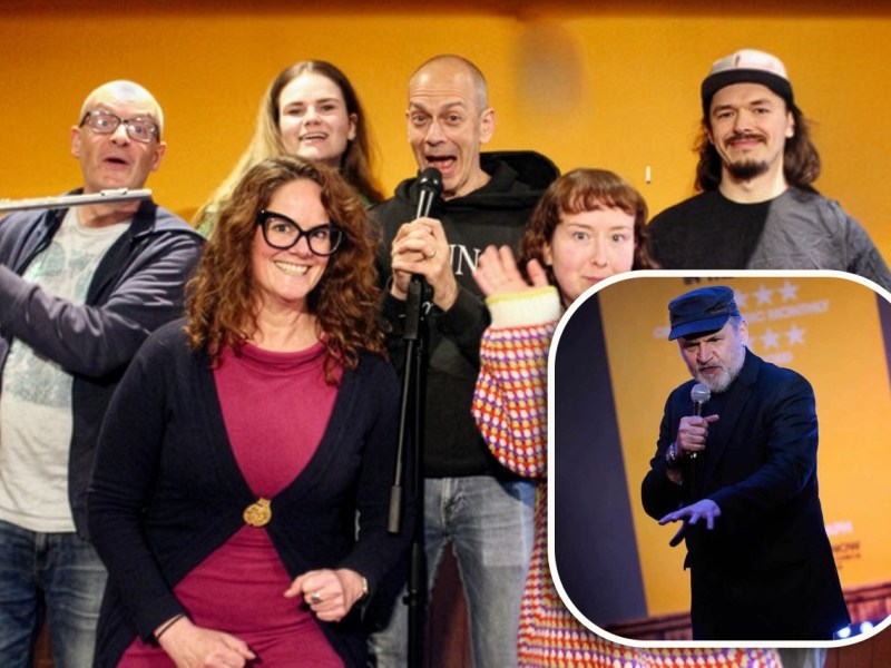 Several smiling people make big faces to demonstrate they are funny. An inset of a man speaking into a microphone at a comedy gig.
