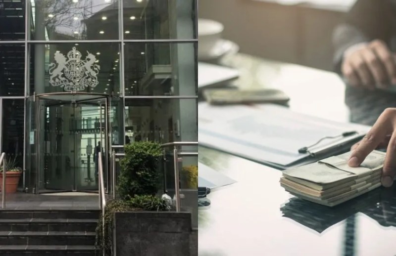 An image of someone counting money imposed next to an image of Guernsey's Royal Court - a glass fronted government building.