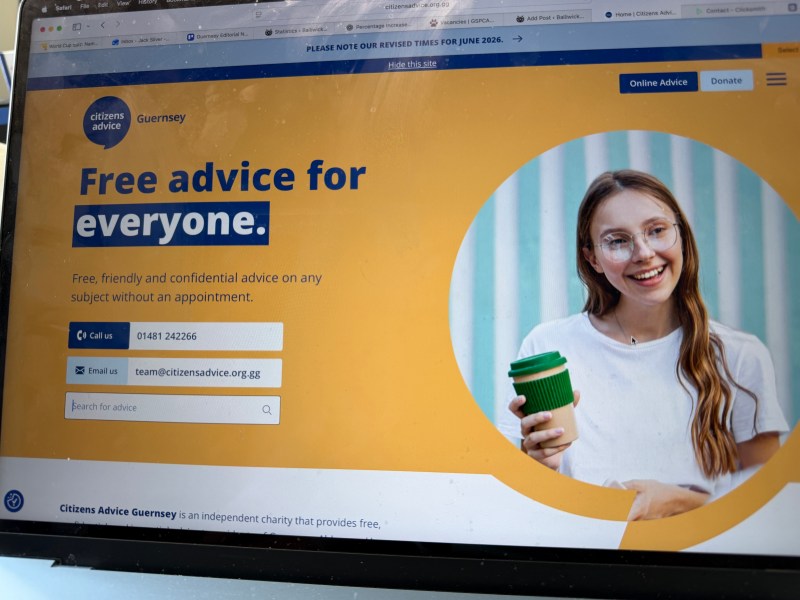 A website, with a picture of a young woman holding a coffee cup. It says: Citizens Advice Guernsey. Free advice for everyone. Free, friendly and confidential advice on any subject without an appointment.