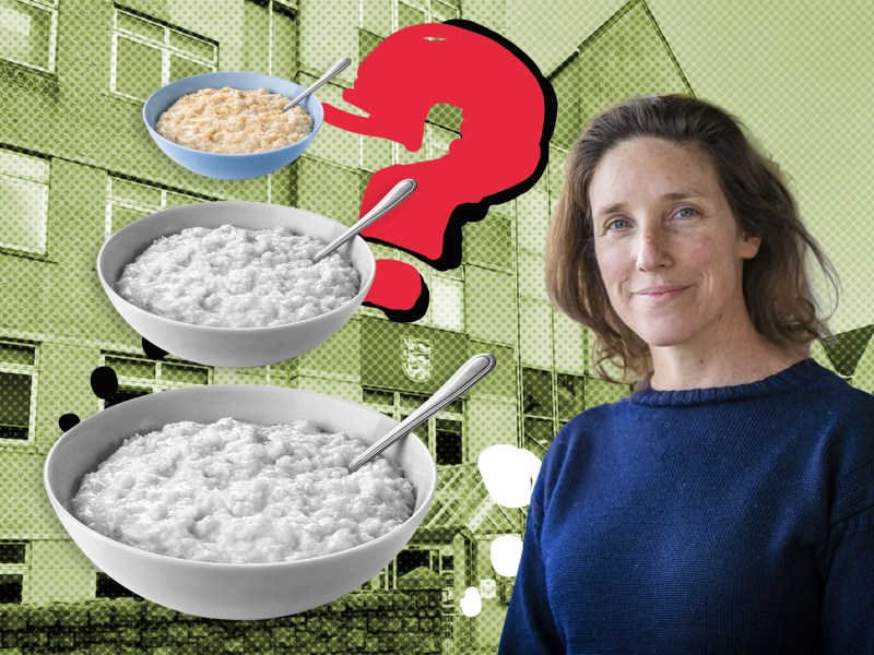 A montage image featuring 3 bowls of porridge, with a dark haired woman - Lindsay de Sausmarez - weaing a blue guernsey jumper, and question mark next to them. Behind is a heavily stylised image of a government building.