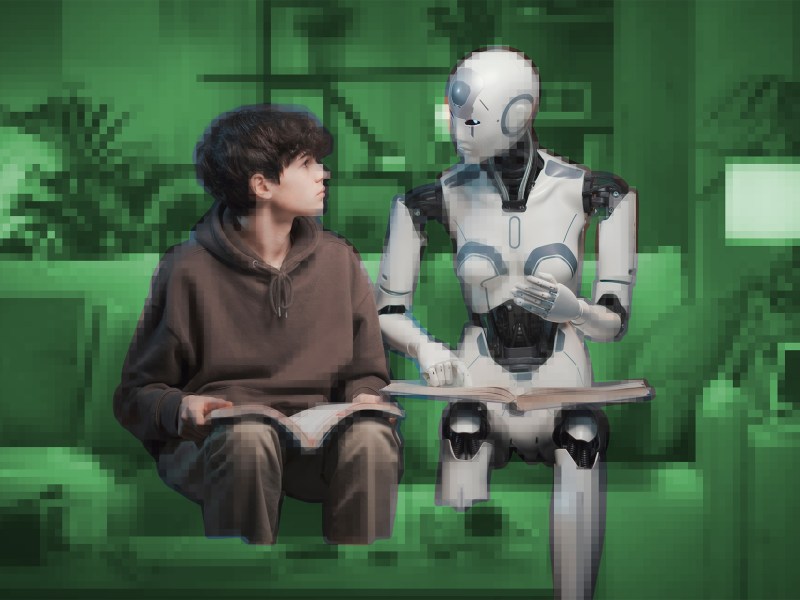 A boy sits next to an AI robot tutor.