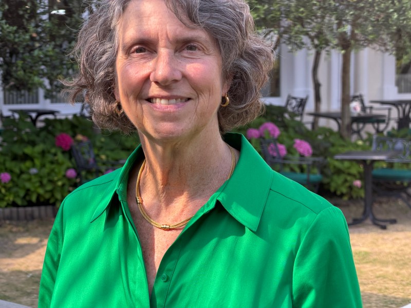 A grey-haired woman in a green dress. She's standing in a garden on a sunny day.