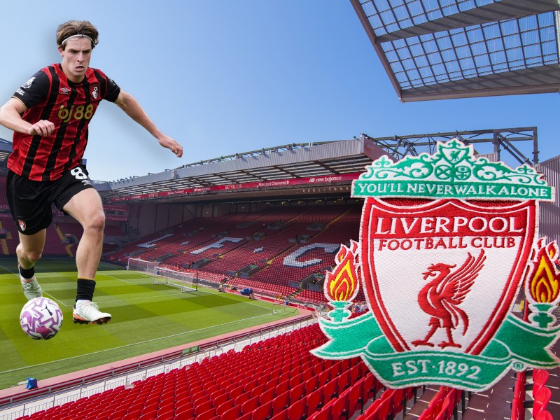 A montage with footballer Alex Scott in a Bournemouth kit, Liverpool's stadium Anfield from the inside and the Liverpool badge.