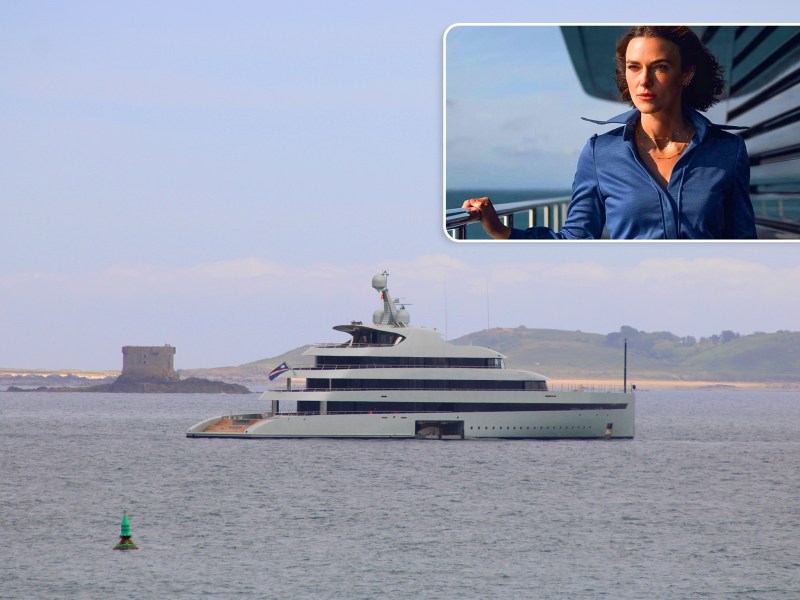 A super-yacht in front of an island. Inset of an image of Keira Knightley on the deck of a boat.