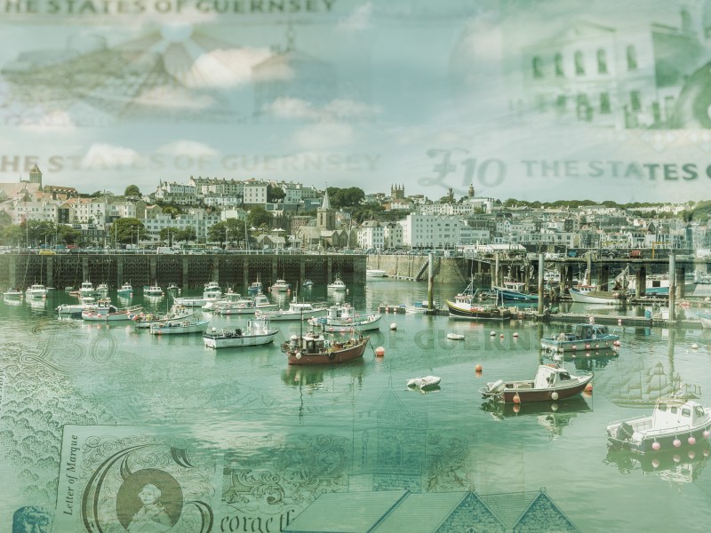 Composite image of Guernsey money and St Peter Port Harbour.