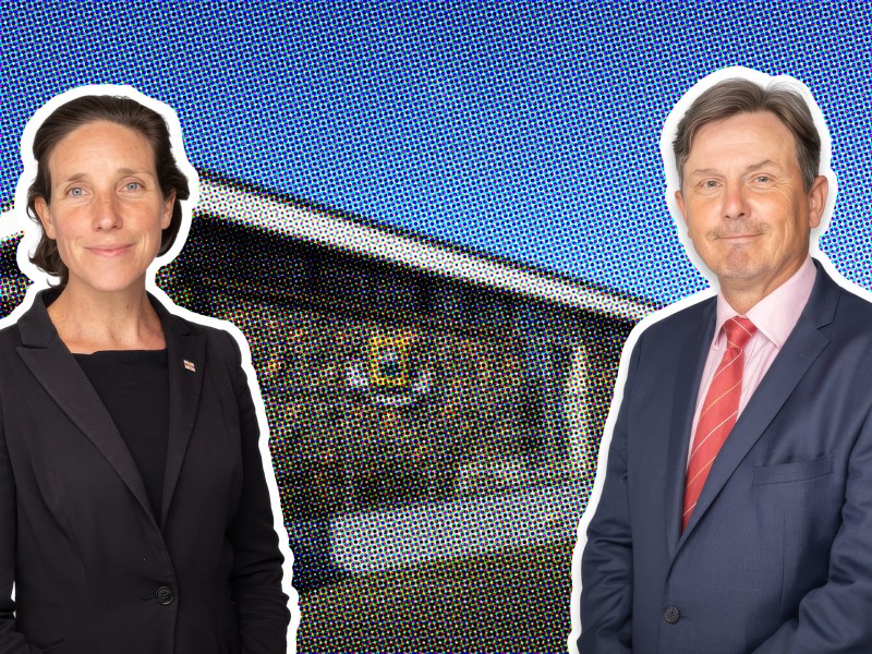 Two smartly-dressed politicians - one male and one female - superimposed on an image of a the Castel parish douzaine building.