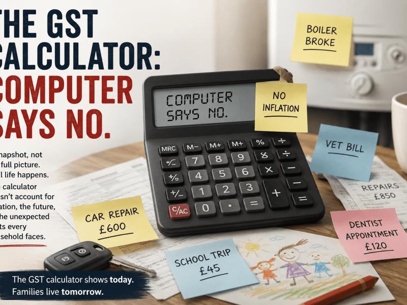 An image of a messy desk with a calculator. Text reads: THE GST CALCULATOR: COMPUTER SAYS NO. A snapshot, not the full picture. Real life happens. The calculator doesn't account for inflation, the future, or the unexpected costs every CAR REPAIR £600 household faces. BOILER BROKE COMPUTER 5AY5 NO. NO INFLATION MRC M- M+ \M+ % 7 8 4 5 6 +/_ 1 2 3 C/AC = 응 VET BILL REPAIRS £850 DENTIST APPOINTMENT £120 SCHOOL TRIP {45 The GST calculator shows today. Families live tomorrow.