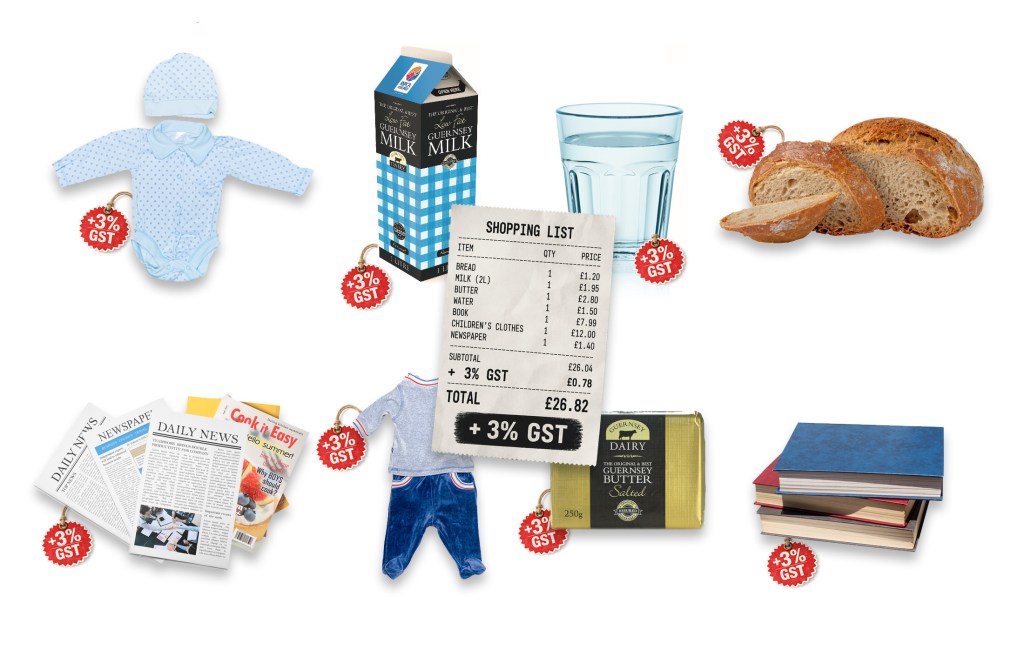 A montage of items, including bread, butter, milk, books, newspapers, water, magazines and children's clothes.