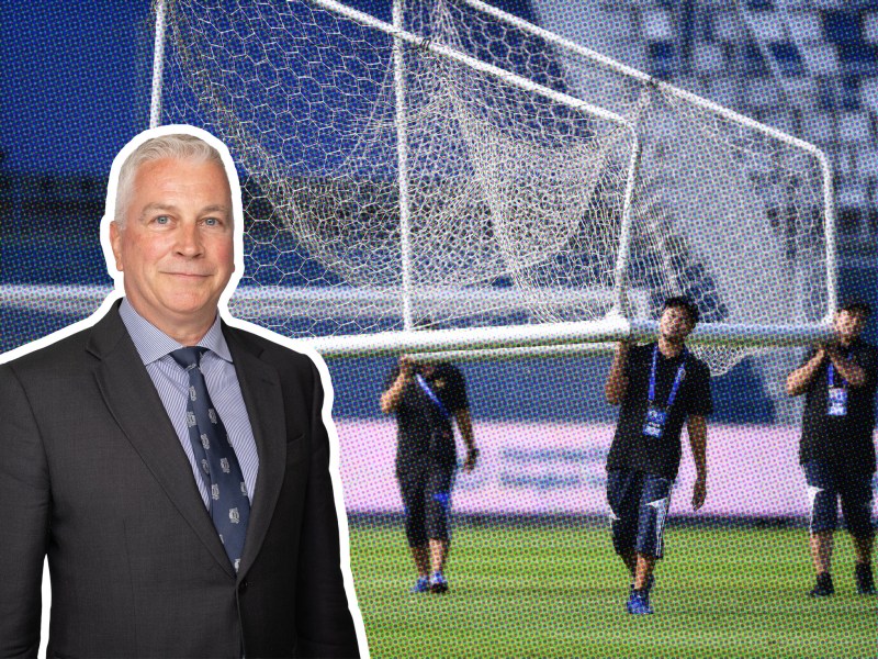 Deputy Andrew Niles superimposed on an image of some men carrying a football goalpost