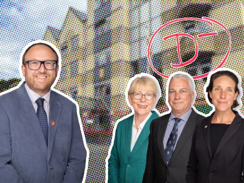 A digital photo collage features a halftone dot matrix background pattern in bright neon shades of magenta, cyan, yellow, and green. Four people are cut out and arranged in the foreground. On the left stands a smiling man with glasses, a short beard, and a blue suit jacket with a patterned tie. Grouped together on the right are three other individuals: a woman with short blonde hair and glasses wearing a teal blazer, a middle-aged man in a dark suit jacket and striped blue tie, and a woman with dark hair wearing a black blazer. In the upper-right corner of the image, a large red academic grade of "D-" is drawn inside a hand-sketched circle directly above the group on the right.