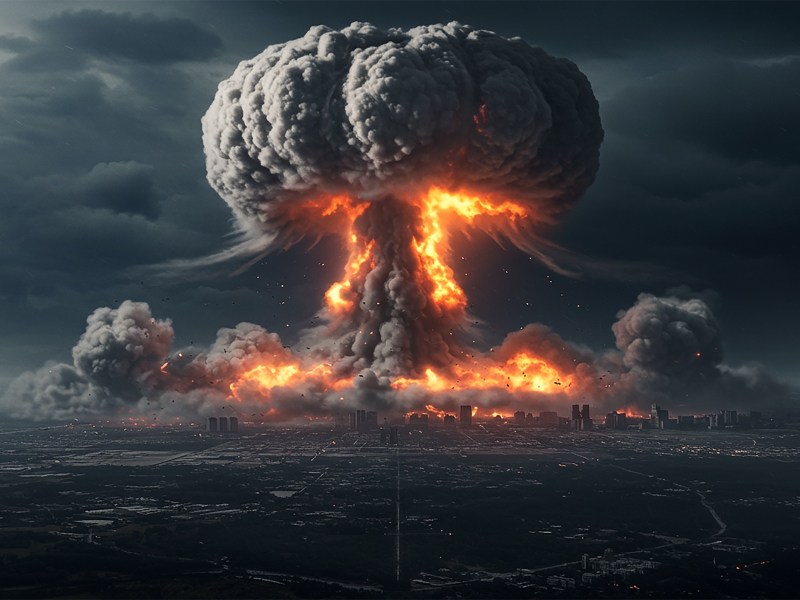 A massive nuclear explosion engulfs a city, creating a towering mushroom cloud of fire and smoke under a dark, stormy sky. The scene captures the terrifying moment of total destruction, with fiery sho